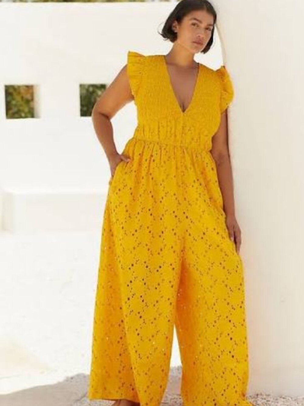 Anthropologie The Peregrine Jumpsuit Eyelet Embroidered Yellow XS